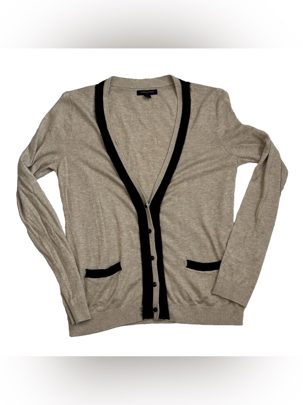 Banana Republic Women's M Beige/Black Trim Knit V-Neck Button Cardigan-141